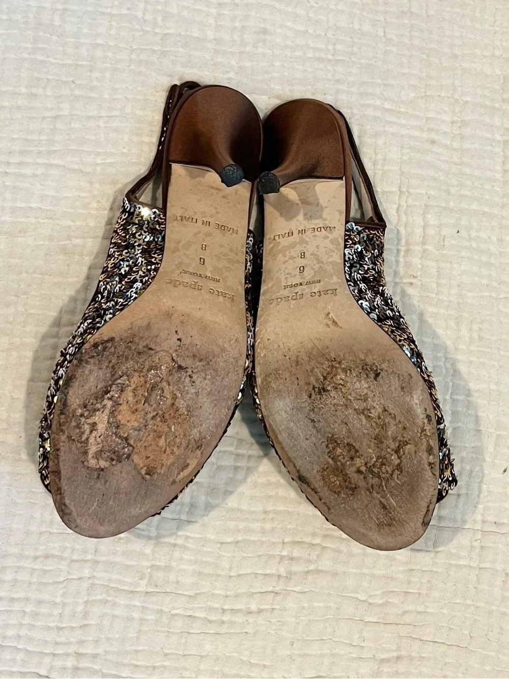 Kate Spade New York Gold Brown Sequin Bow Carly High Heels Open Toe Shoes 6